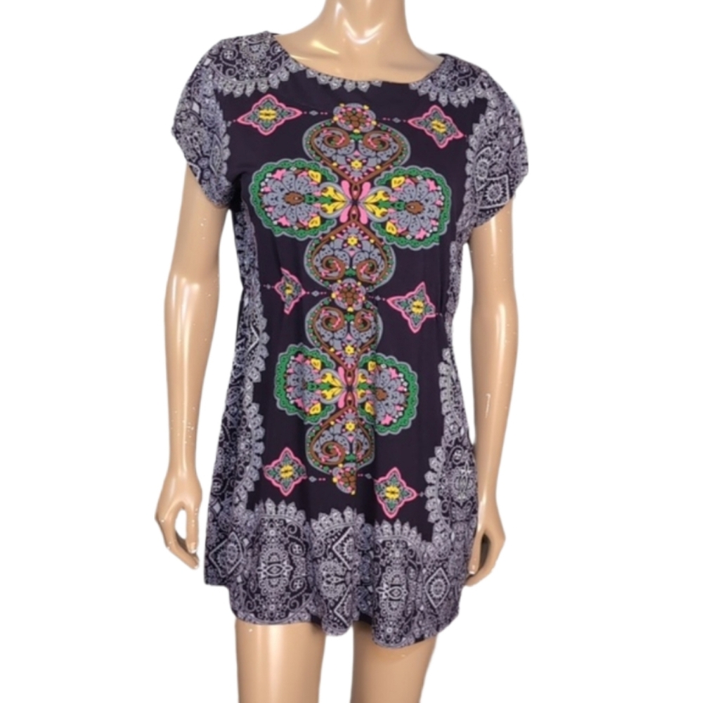 Urban Behavior Mini Tunic Dress Purple Boho Kaleidoscope Print Short Sleeve